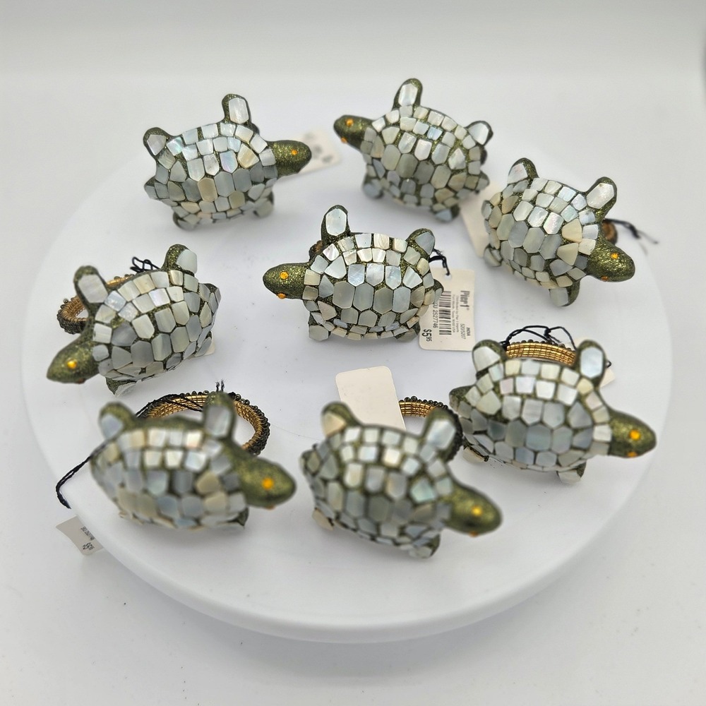 Pier 1 Retired Turtle Napkin Rings Set of 8 Mother of Pearl Mosaic Green Glitter